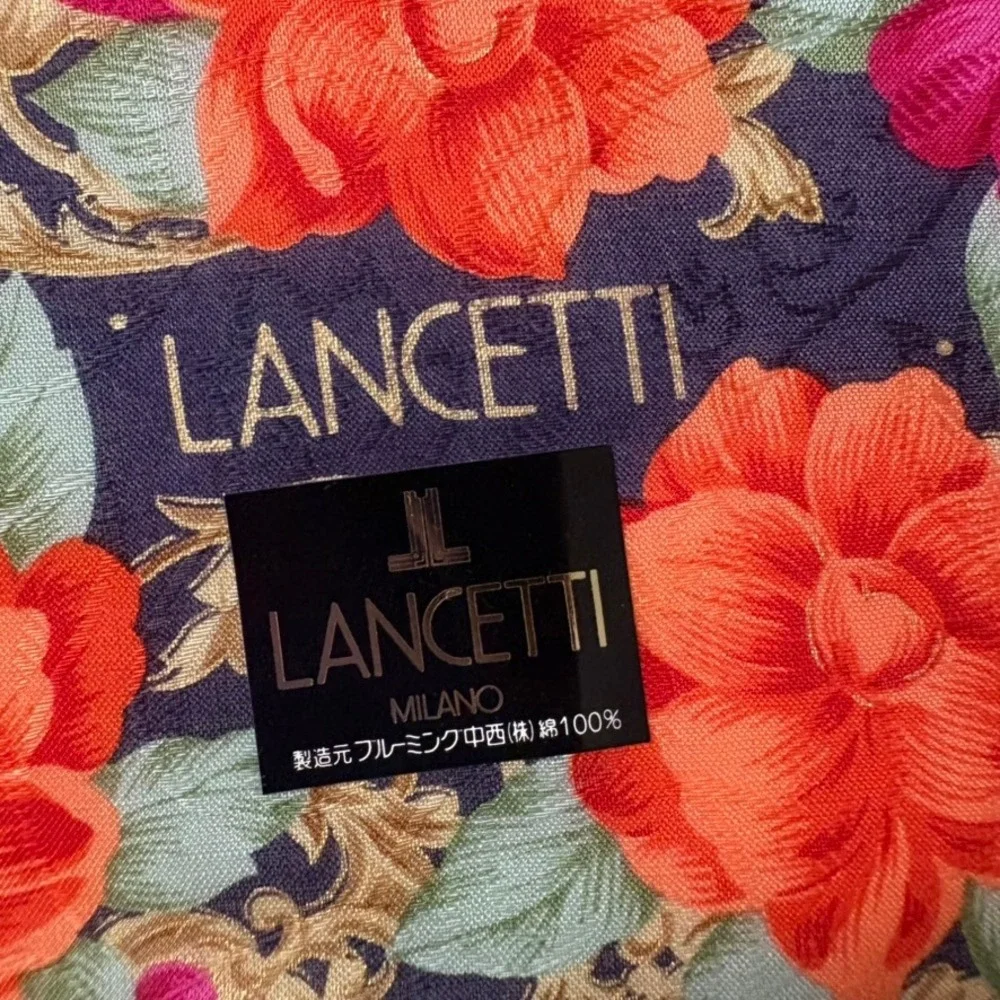 Vtg LANCETTI Scarf Handkerchief Floral Rose Cotton Navy Blue 20.5
